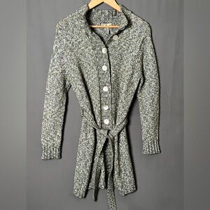 Caribbean Joe Women's M Green Wool Mohair Abalone Button Belted Cardigan